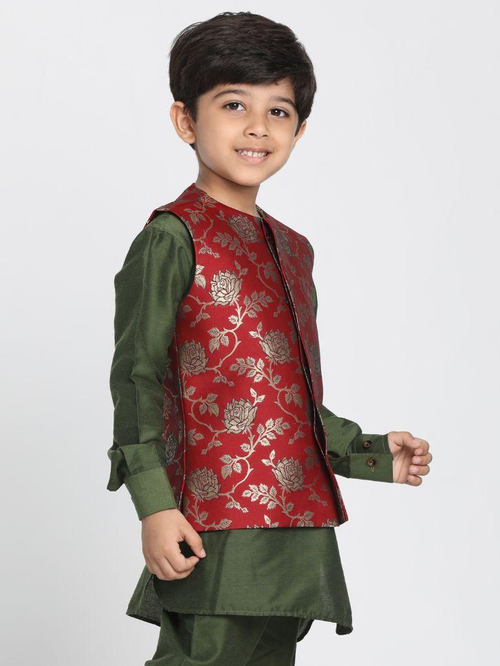 Vastramay Boys' Maroon Cotton Silk Blend Nehru Jacket - qivii