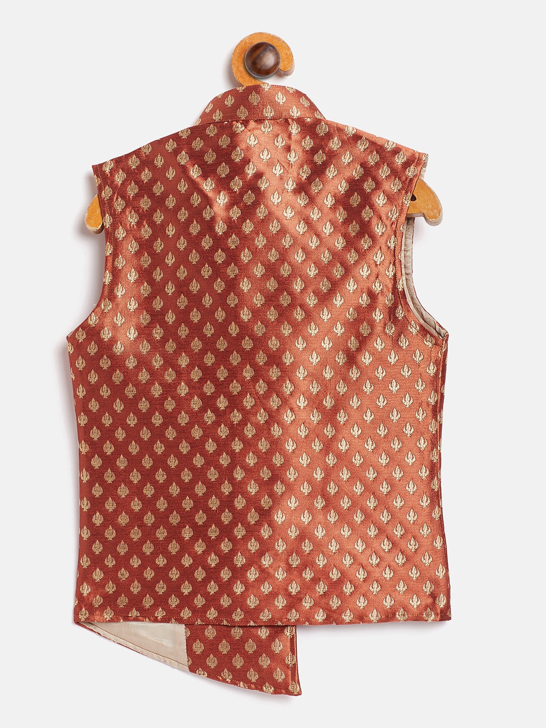 Vastramay Boy's Orange Asymmetric Brocade Nehru Jacket - qivii