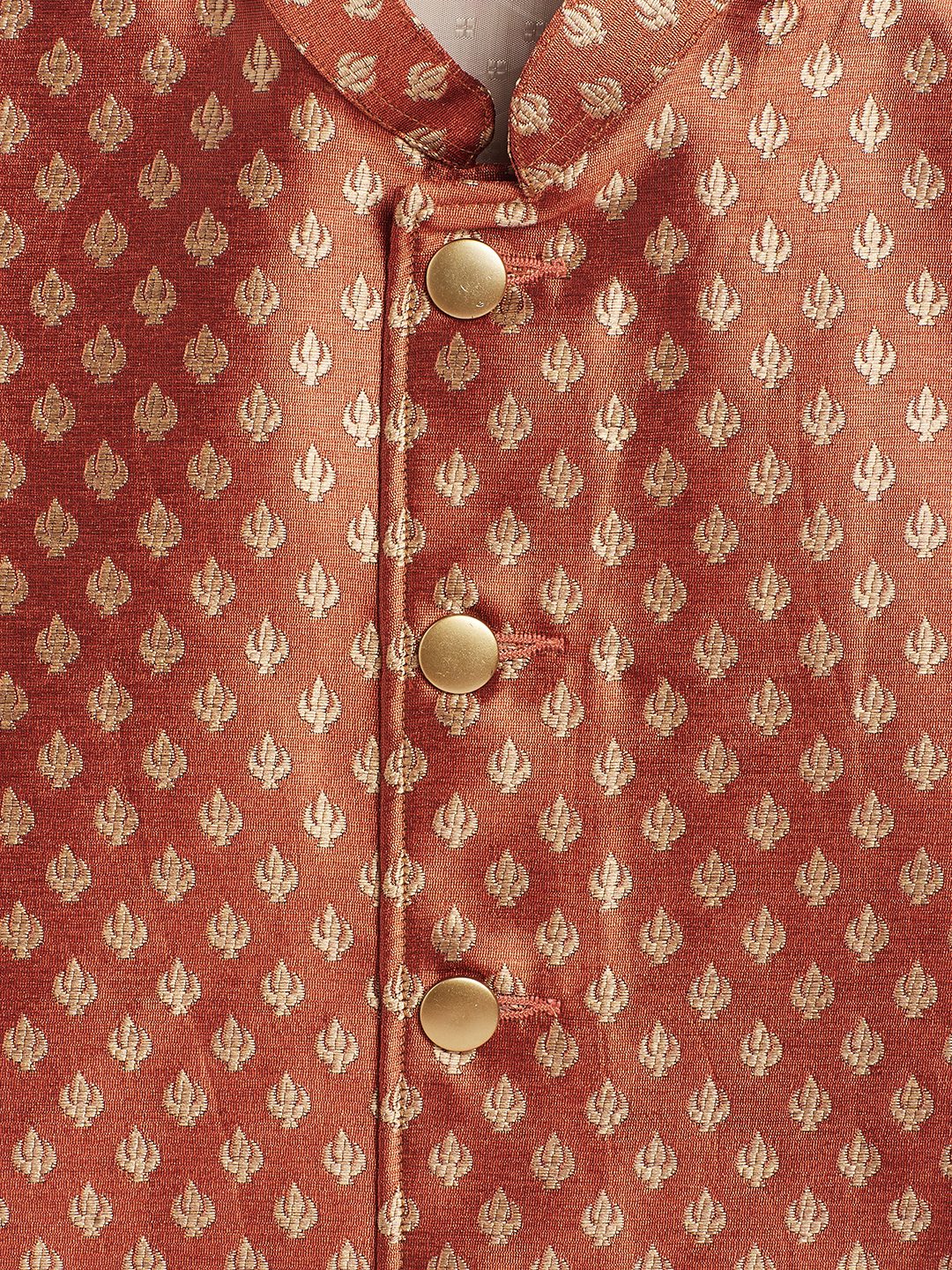 Vastramay Boy's Orange Asymmetric Brocade Nehru Jacket - qivii