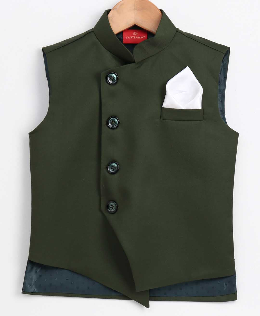 Vastramay Boy's Dark Green Cotton Blend Twill Nehru Jacket - qivii