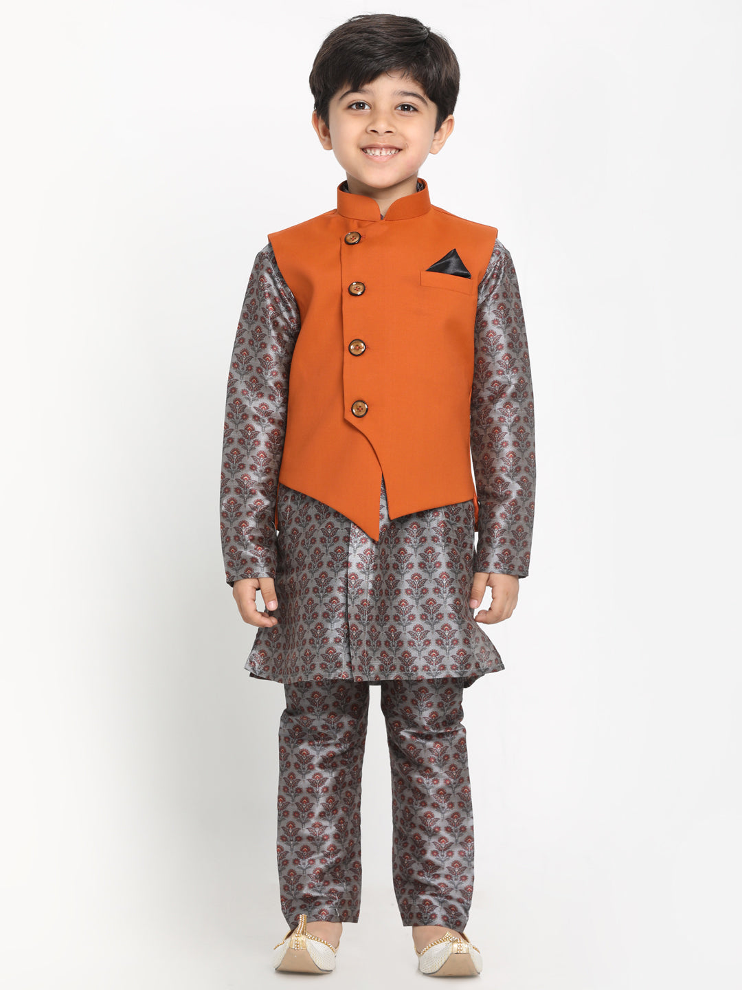 Vastramay Boy's Orange Twill Jacket, Printed Kurta and Pyjama Set - qivii