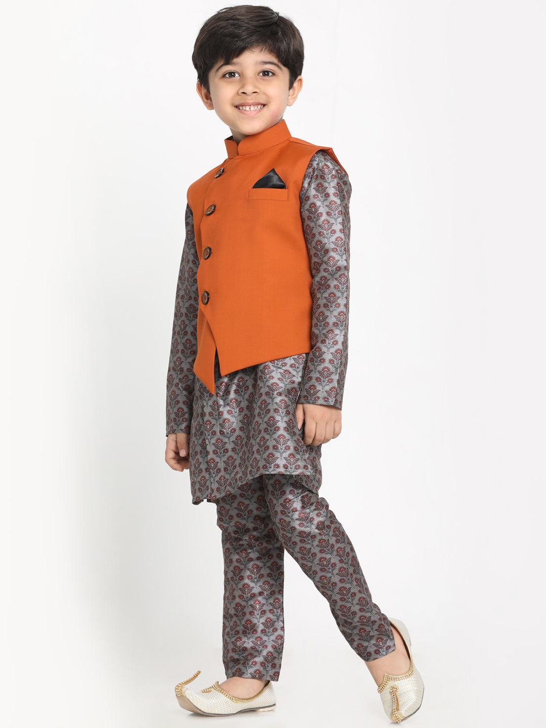 Vastramay Boy's Orange Twill Jacket, Printed Kurta and Pyjama Set - qivii
