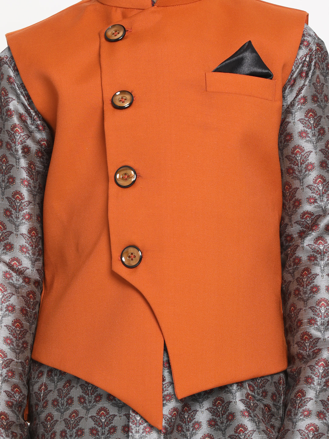 Vastramay Boy's Orange Twill Jacket, Printed Kurta and Pyjama Set - qivii