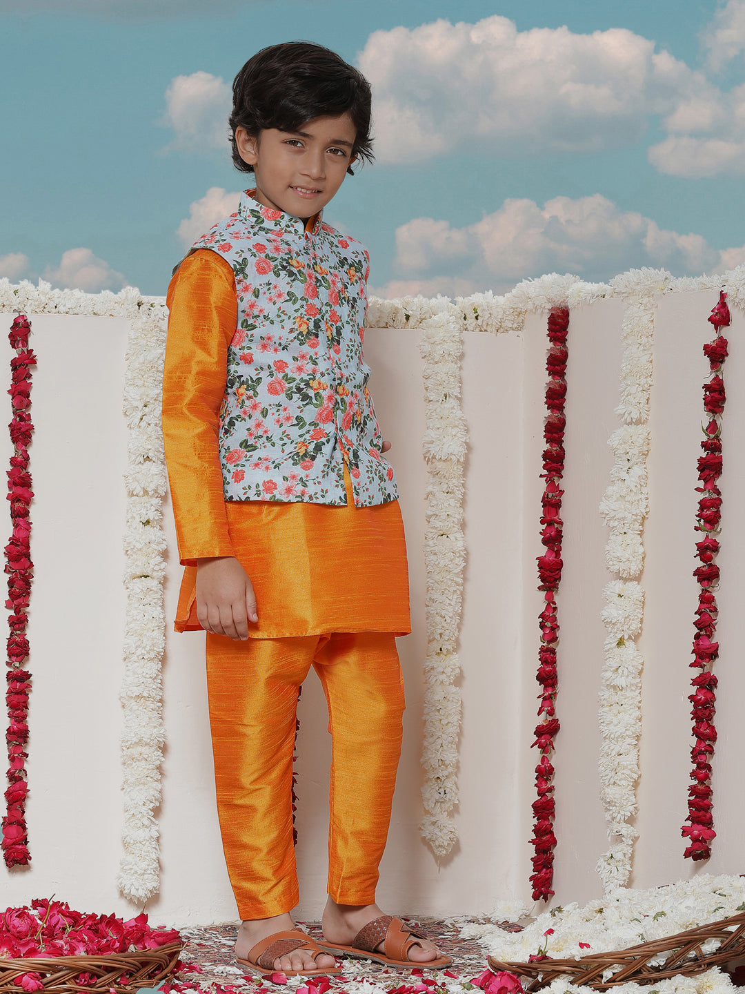 Vastramay Boy's Aqua Floral Printed Nehru Jacket With Orange Kurta And Pyjama Set - qivii