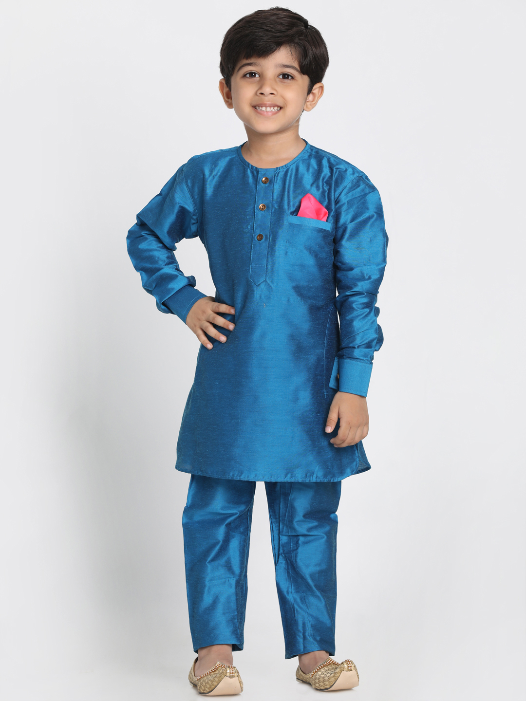 Vastramay Boys' Light Blue Cotton Silk Blend Kurta and Pyjama Set - qivii
