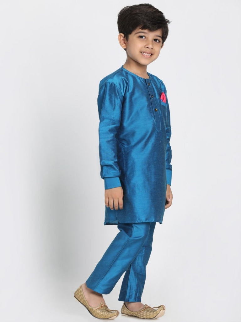 Vastramay Boys' Light Blue Cotton Silk Blend Kurta and Pyjama Set - qivii