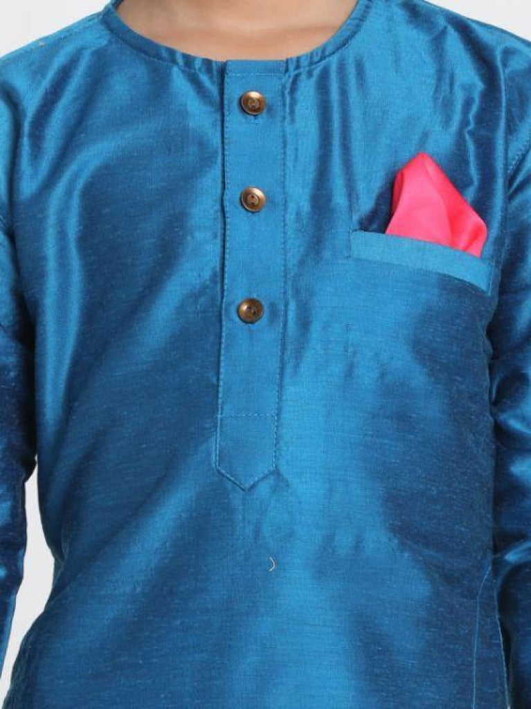 Vastramay Boys' Light Blue Cotton Silk Blend Kurta and Pyjama Set - qivii