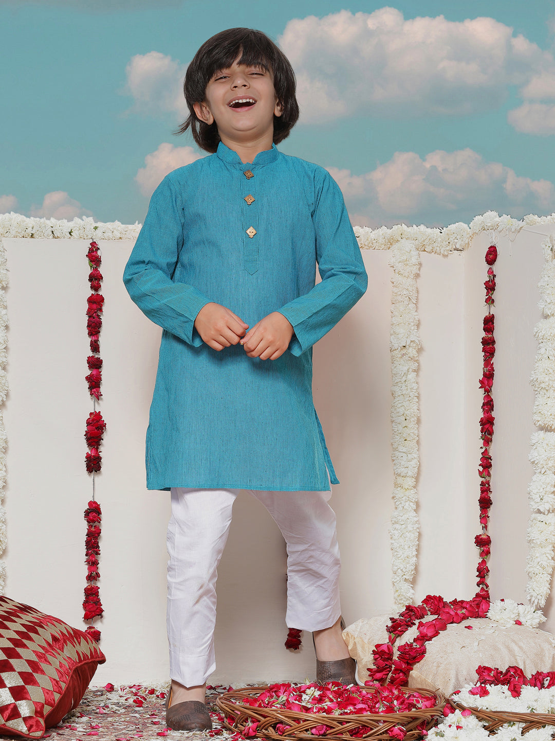 Vastramay Boy's Aqua Blue Cotton Kurta and Pyjama Set - qivii