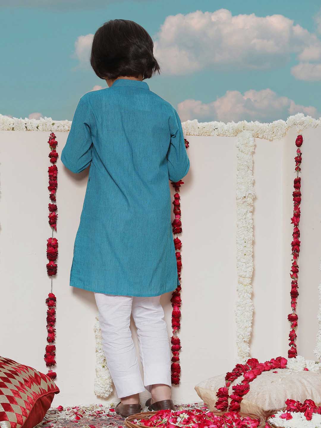 Vastramay Boy's Aqua Blue Cotton Kurta and Pyjama Set - qivii