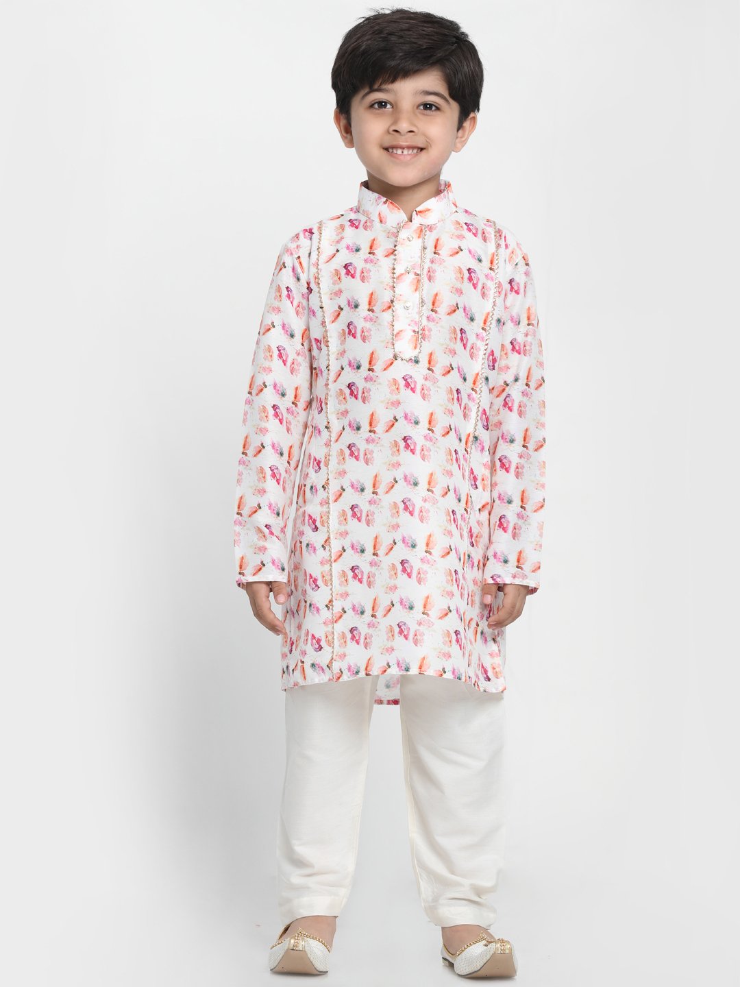 VASTRAMAY Boy's Multicolor-Base-White Cotton Blend Kurta and Pyjama Set - qivii