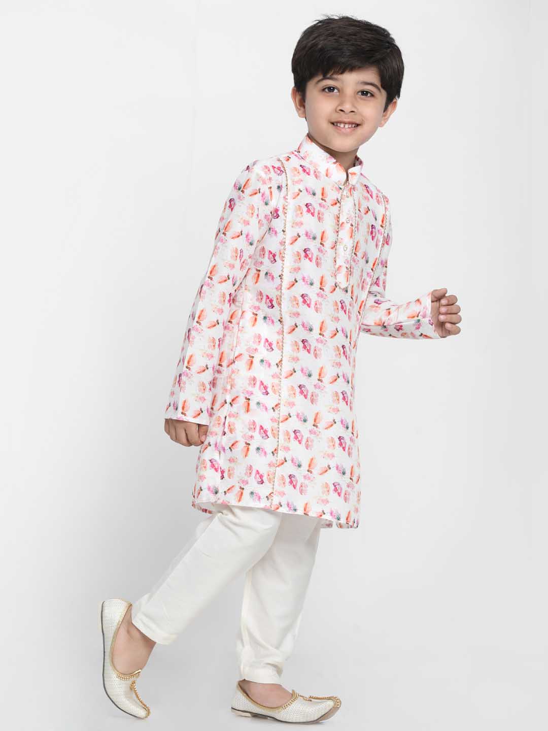 VASTRAMAY Boy's Multicolor-Base-White Cotton Blend Kurta and Pyjama Set - qivii