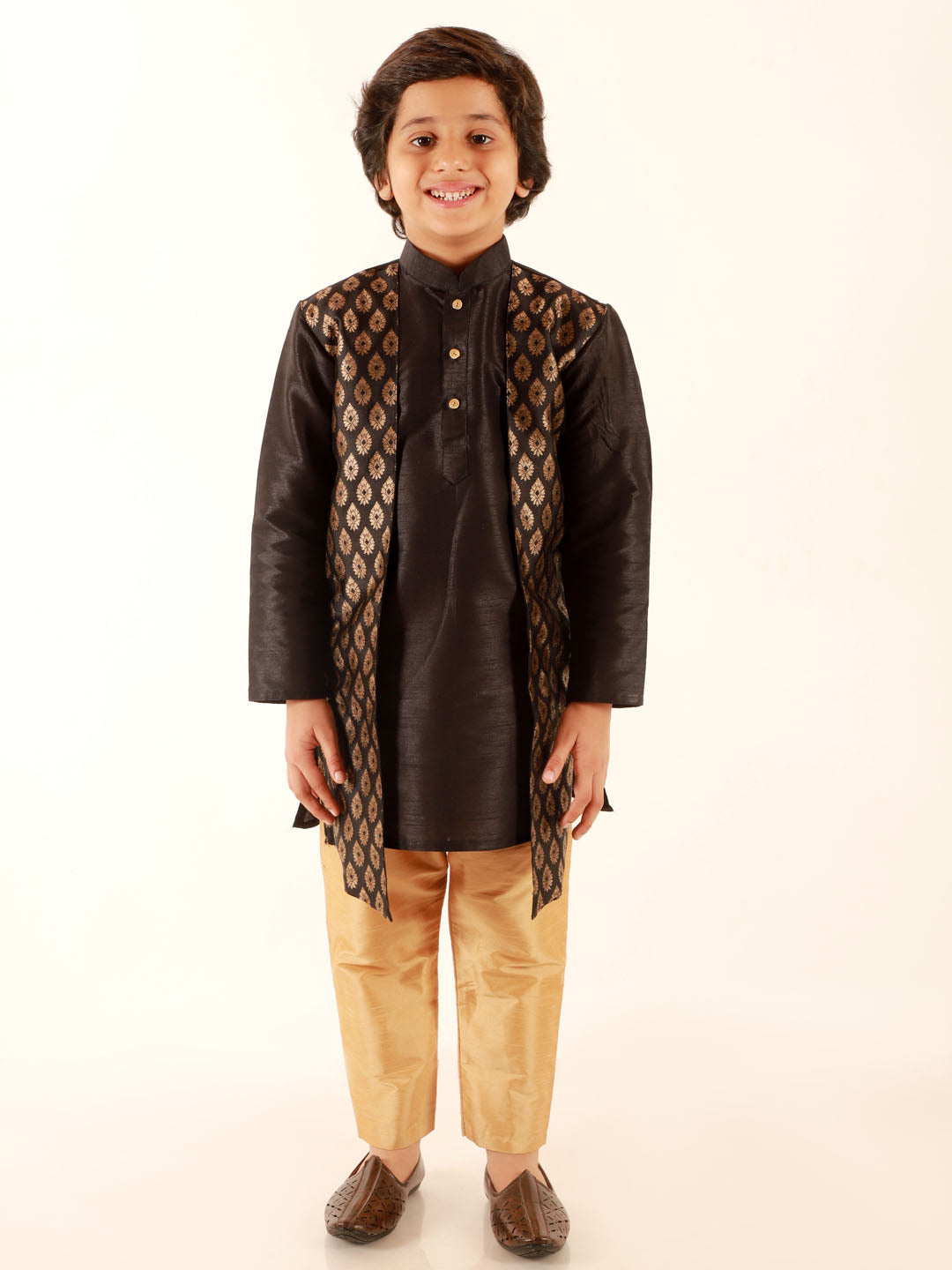 Vastramay Boys' Black Jacket Style Kurta And Rose Gold Pyjama Set - qivii