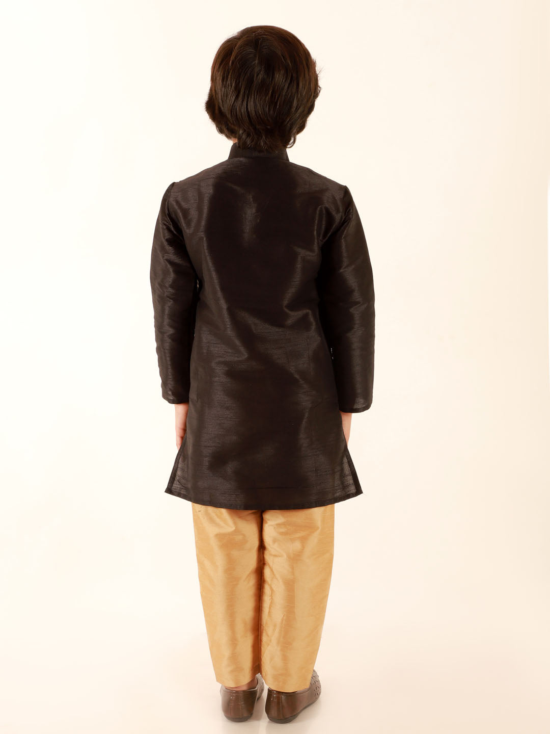 Vastramay Boys' Black Jacket Style Kurta And Rose Gold Pyjama Set - qivii