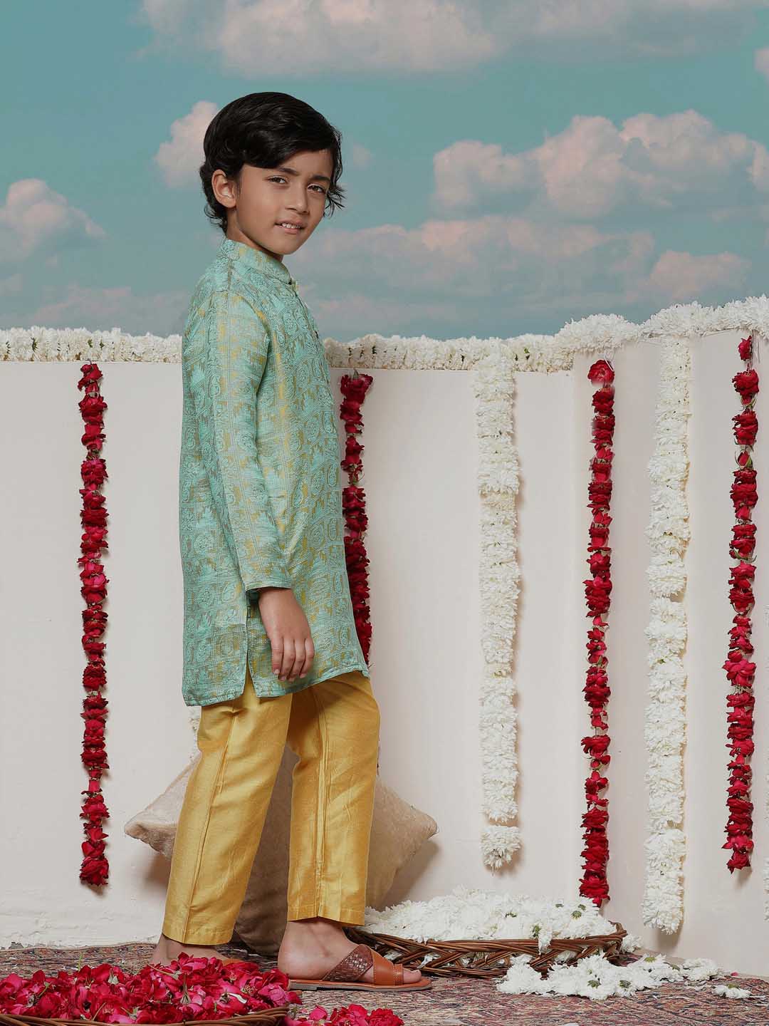 Vastramay Boys' Mustard And Green Jacquard Kurta Pyjama Set - qivii