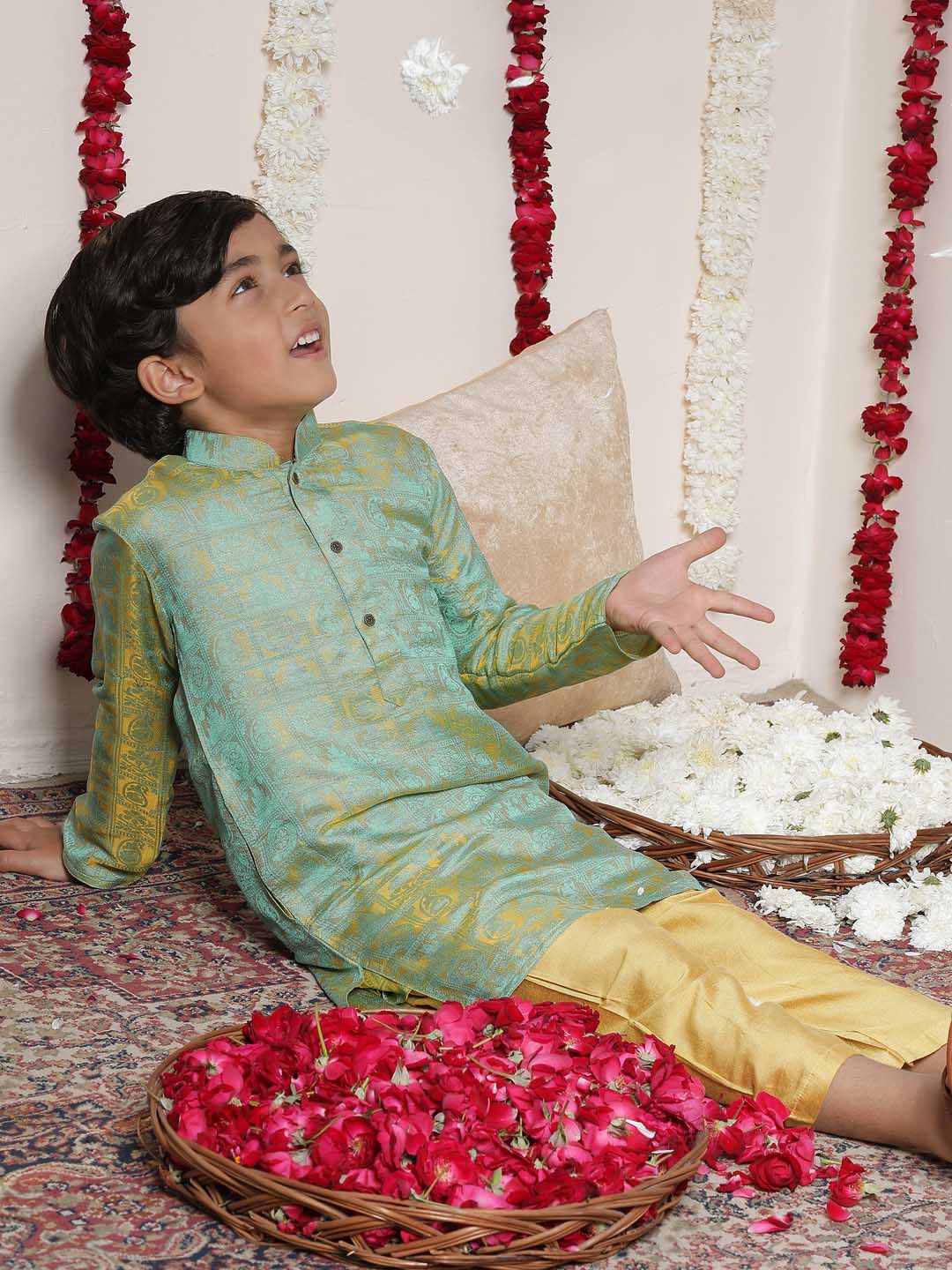 Vastramay Boys' Mustard And Green Jacquard Kurta Pyjama Set - qivii