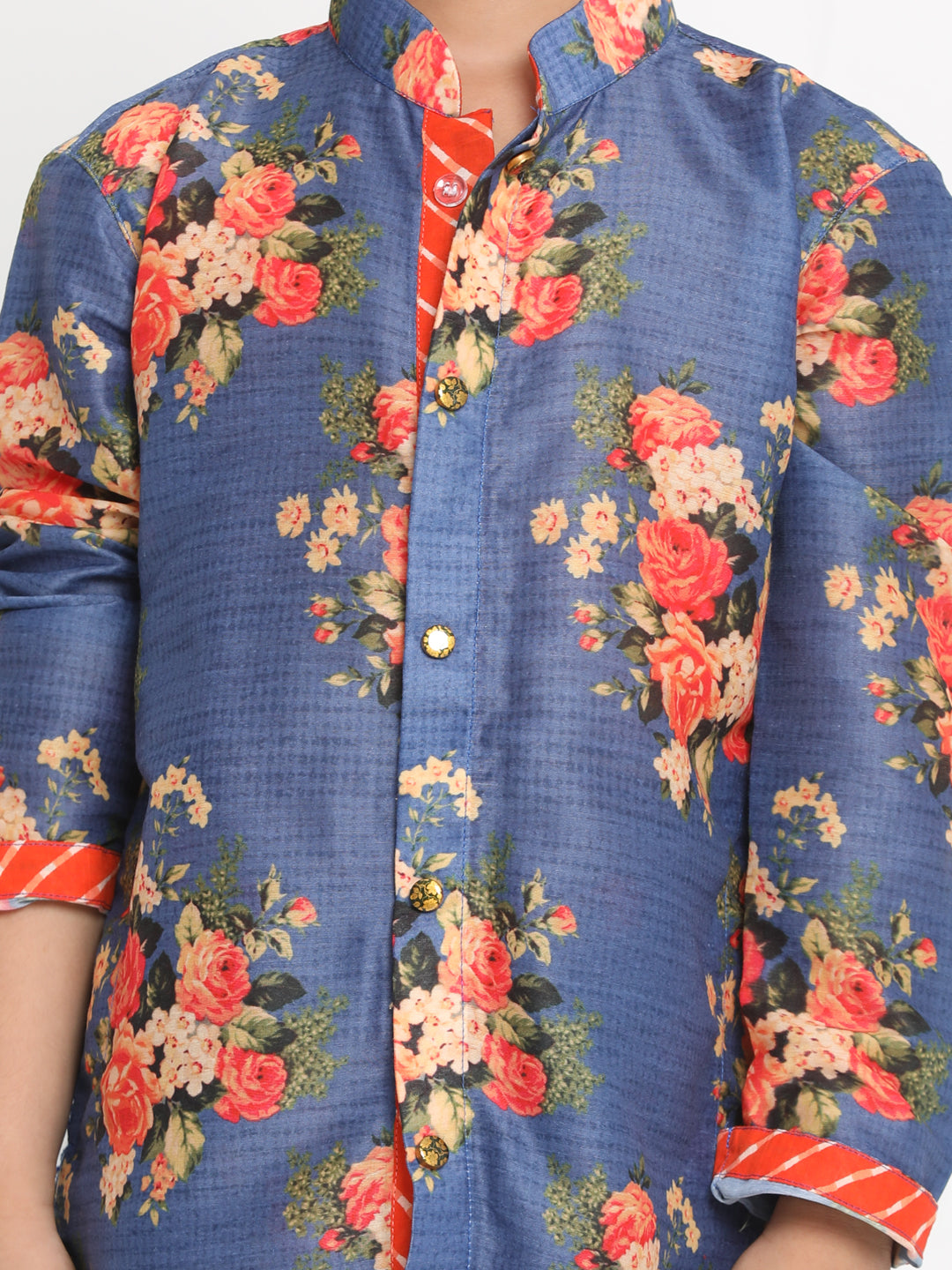 Vastramay Boys Floral Printed Blue Kurta Pyjama Set With Laharia Border - qivii