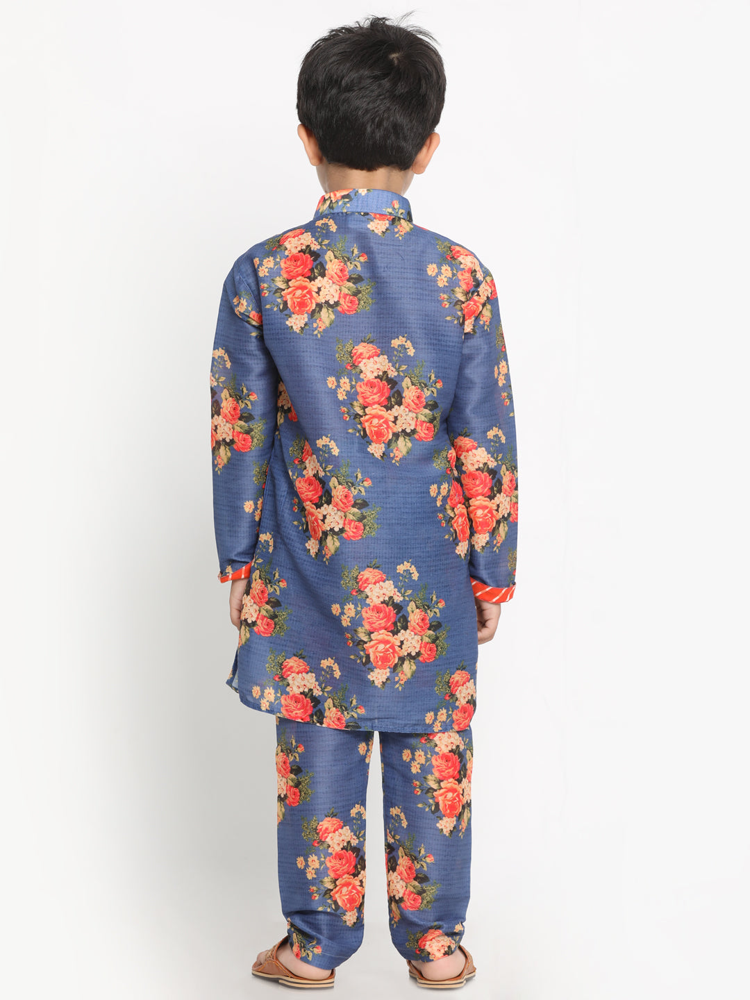 Vastramay Boys Floral Printed Blue Kurta Pyjama Set With Laharia Border - qivii