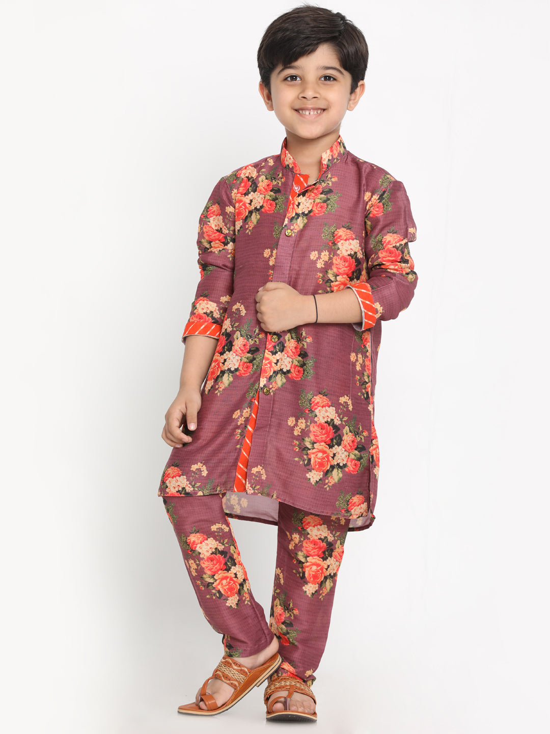 Vastramay Boys Floral Printed Wine Kurta Pyjama Set With Laharia Border - qivii
