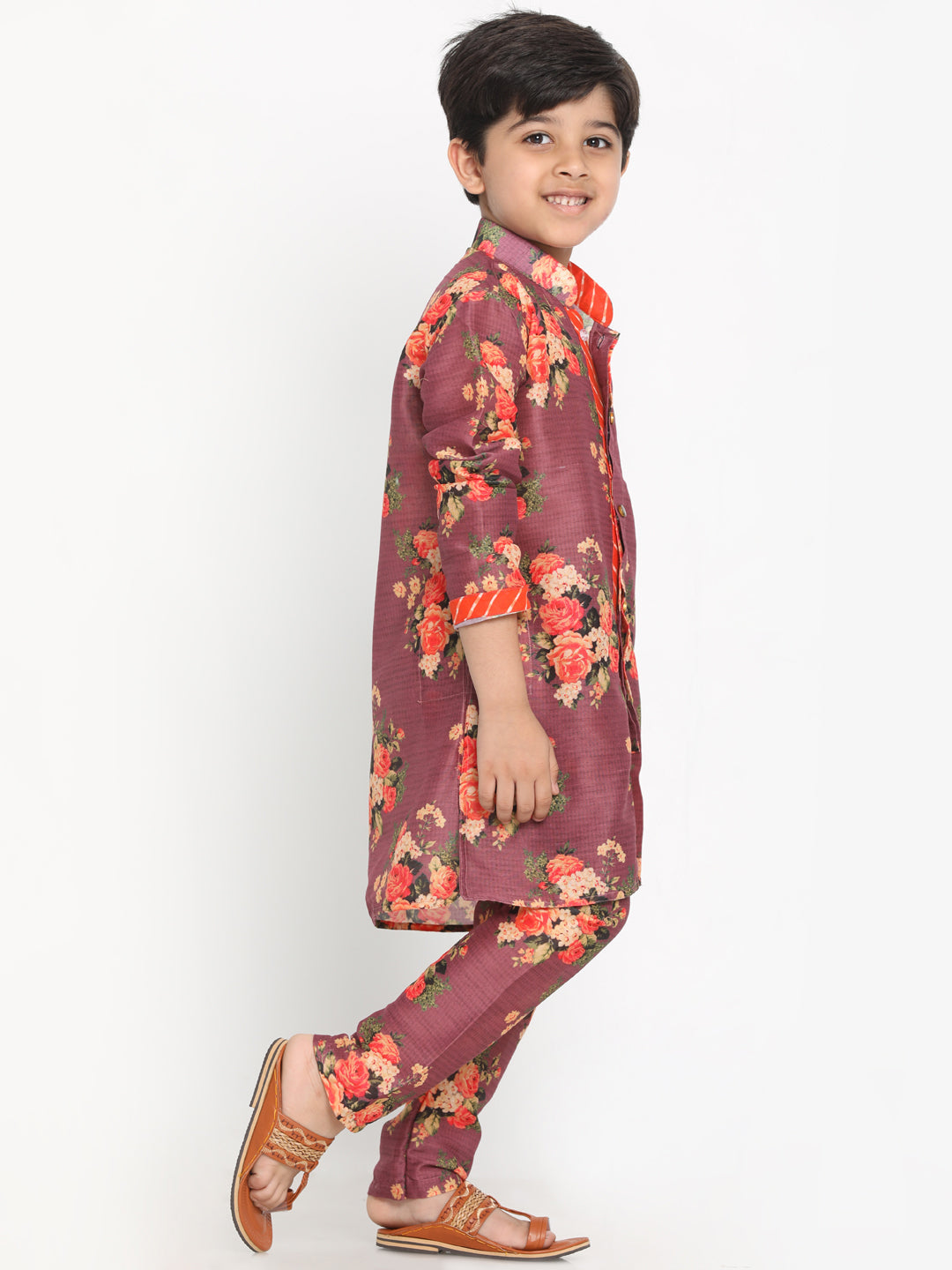 Vastramay Boys Floral Printed Wine Kurta Pyjama Set With Laharia Border - qivii