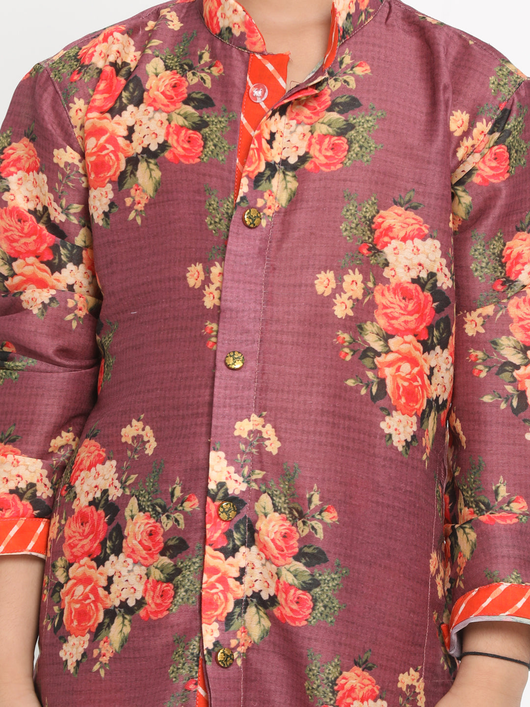 Vastramay Boys Floral Printed Wine Kurta Pyjama Set With Laharia Border - qivii