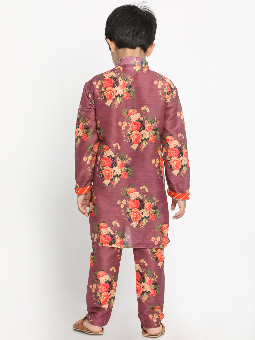 Vastramay Boys Floral Printed Wine Kurta Pyjama Set With Laharia Border - qivii