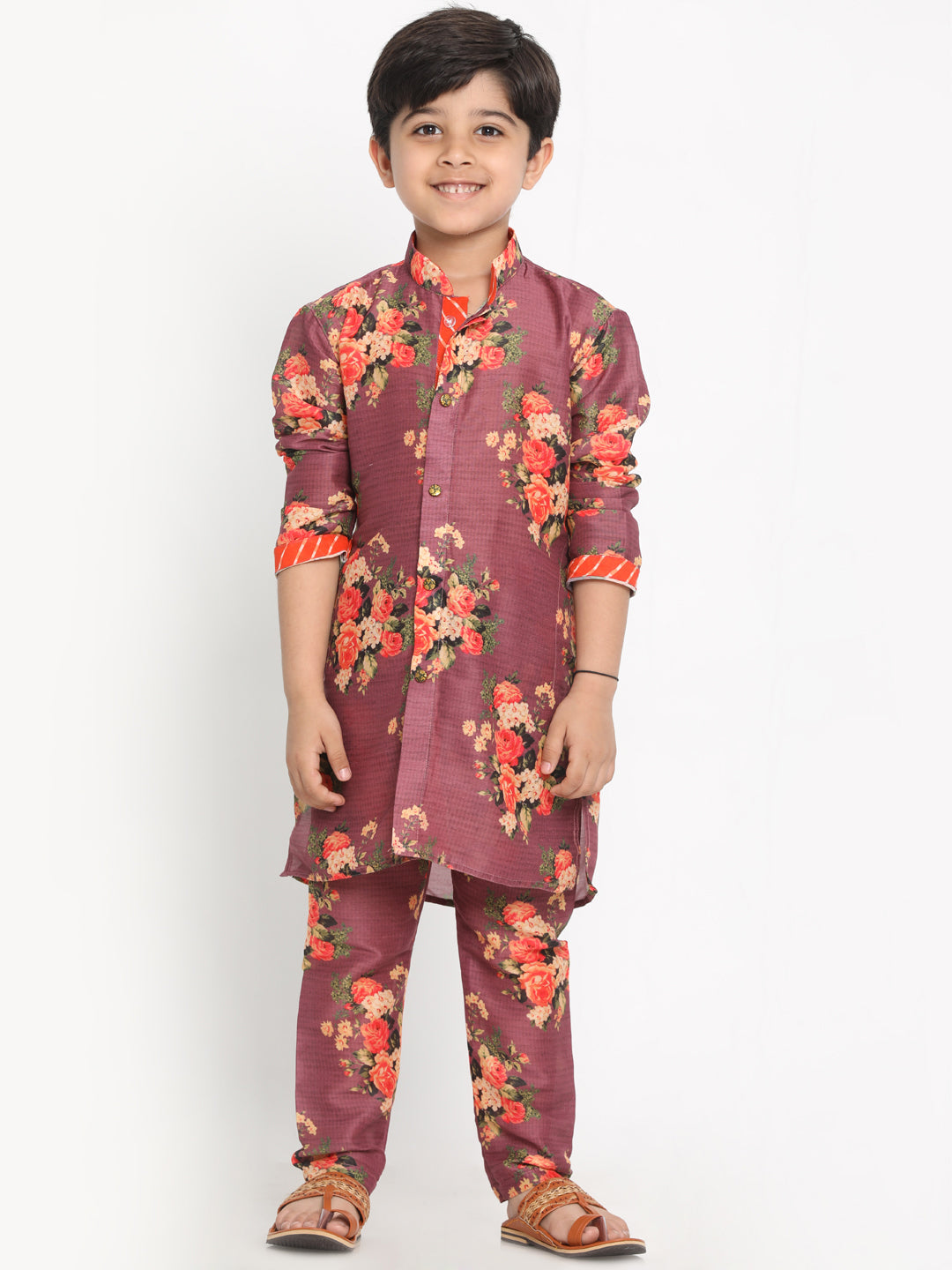 Vastramay Boys Floral Printed Wine Kurta Pyjama Set With Laharia Border - qivii