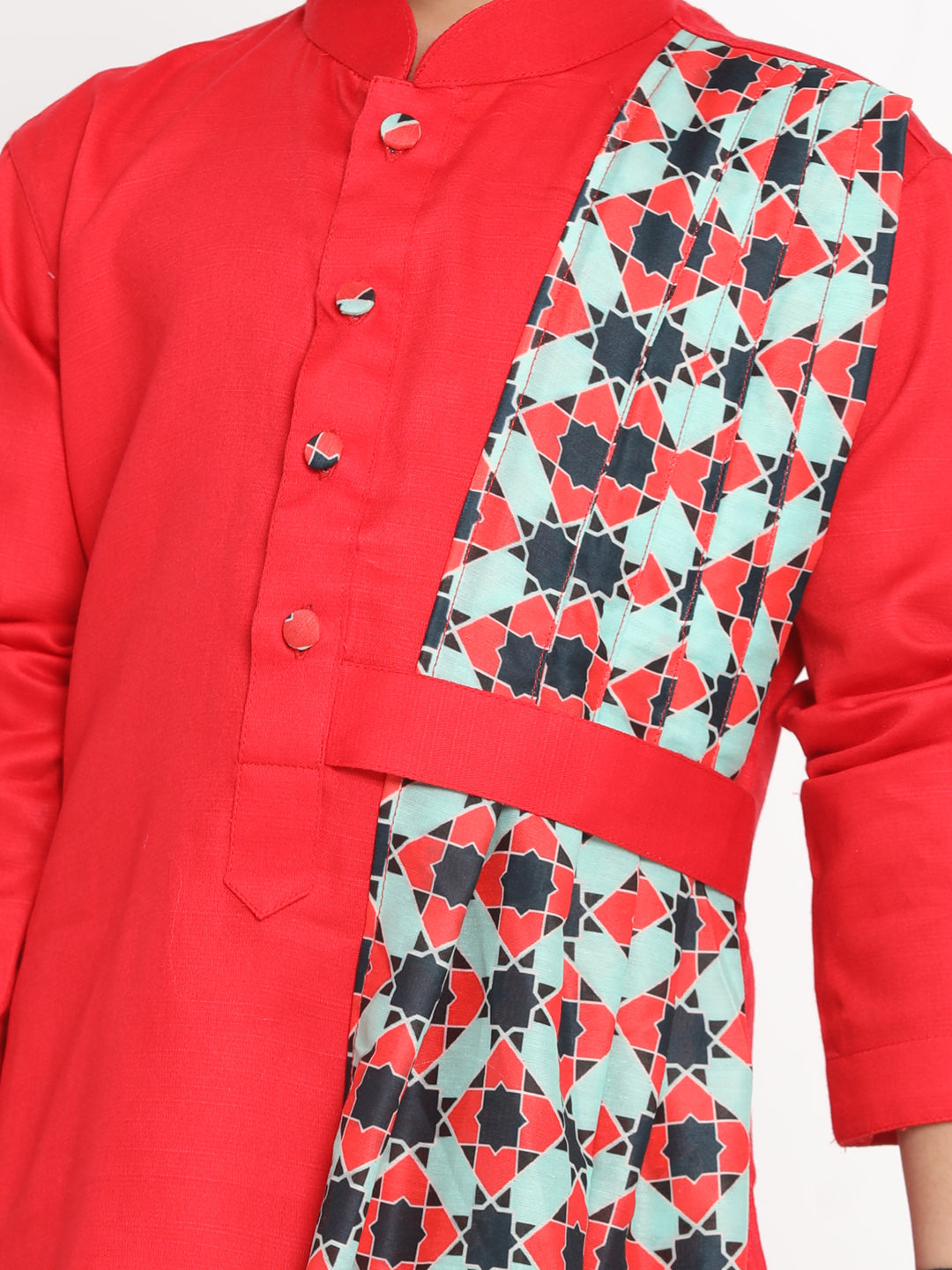 Vastramay Boy's Printed Dupatta Attached With A Belt Red Kurta And Pyjama Set - qivii