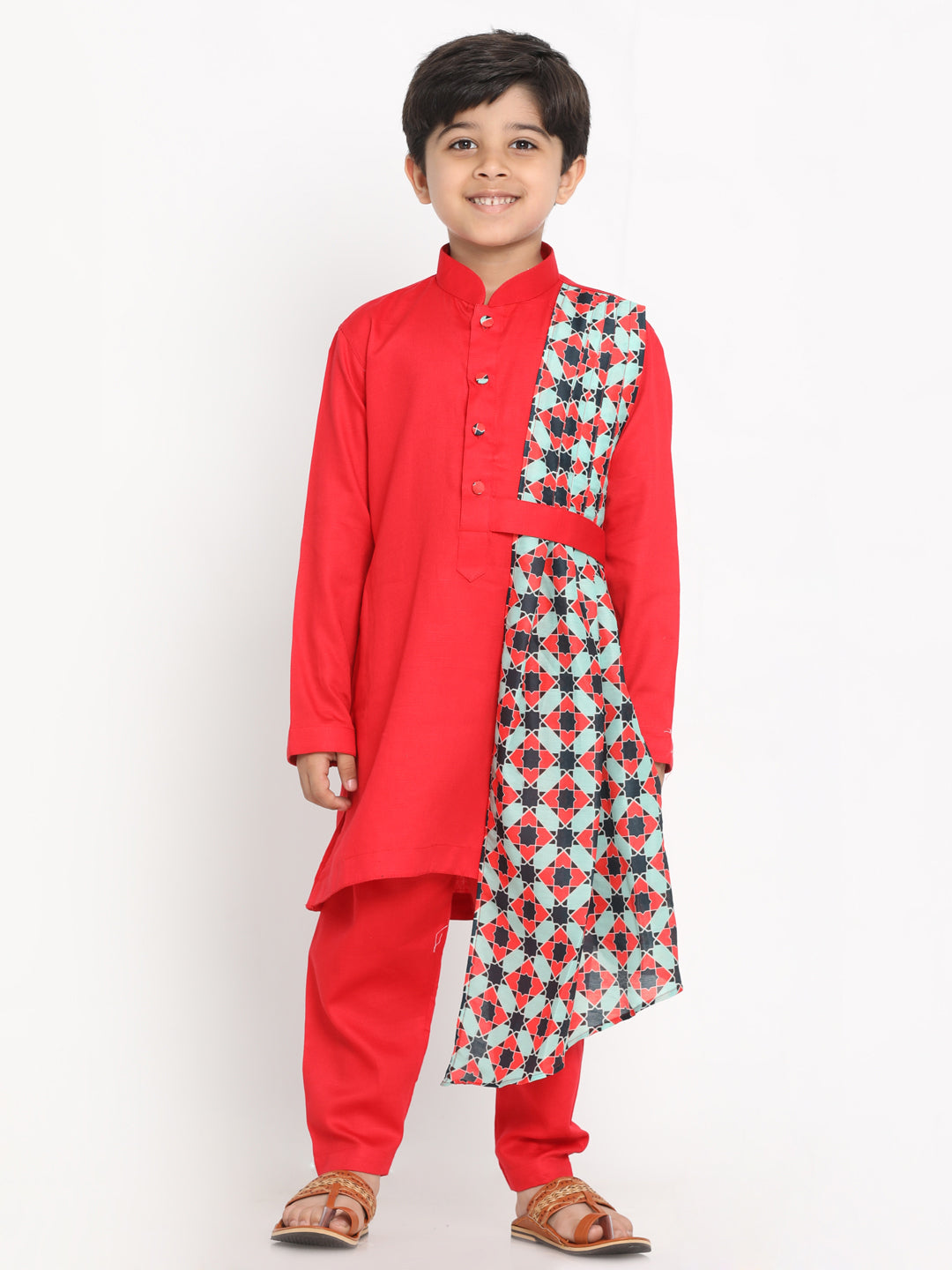 Vastramay Boy's Printed Dupatta Attached With A Belt Red Kurta And Pyjama Set - qivii