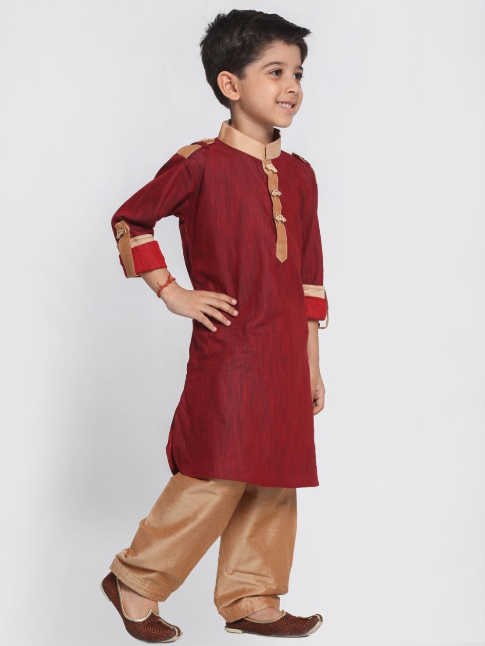 VASTRAMAY Boy's Maroon Cotton Pathani Suit - qivii