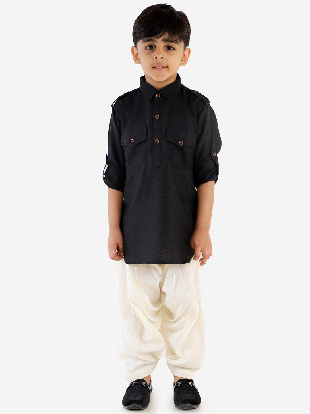 VASTRAMAY Boy's Black Cotton Blend Pathani Suit Set - qivii