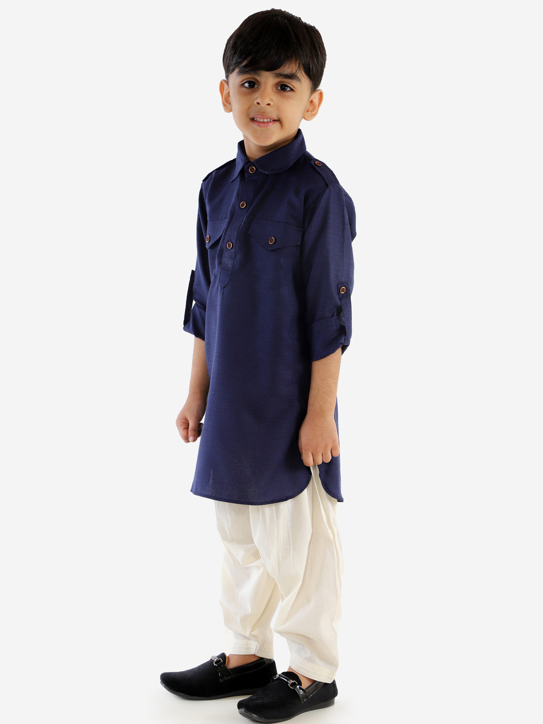 VASTRAMAY Boy's Navy Blue Cotton Blend Pathani Suit Set - qivii
