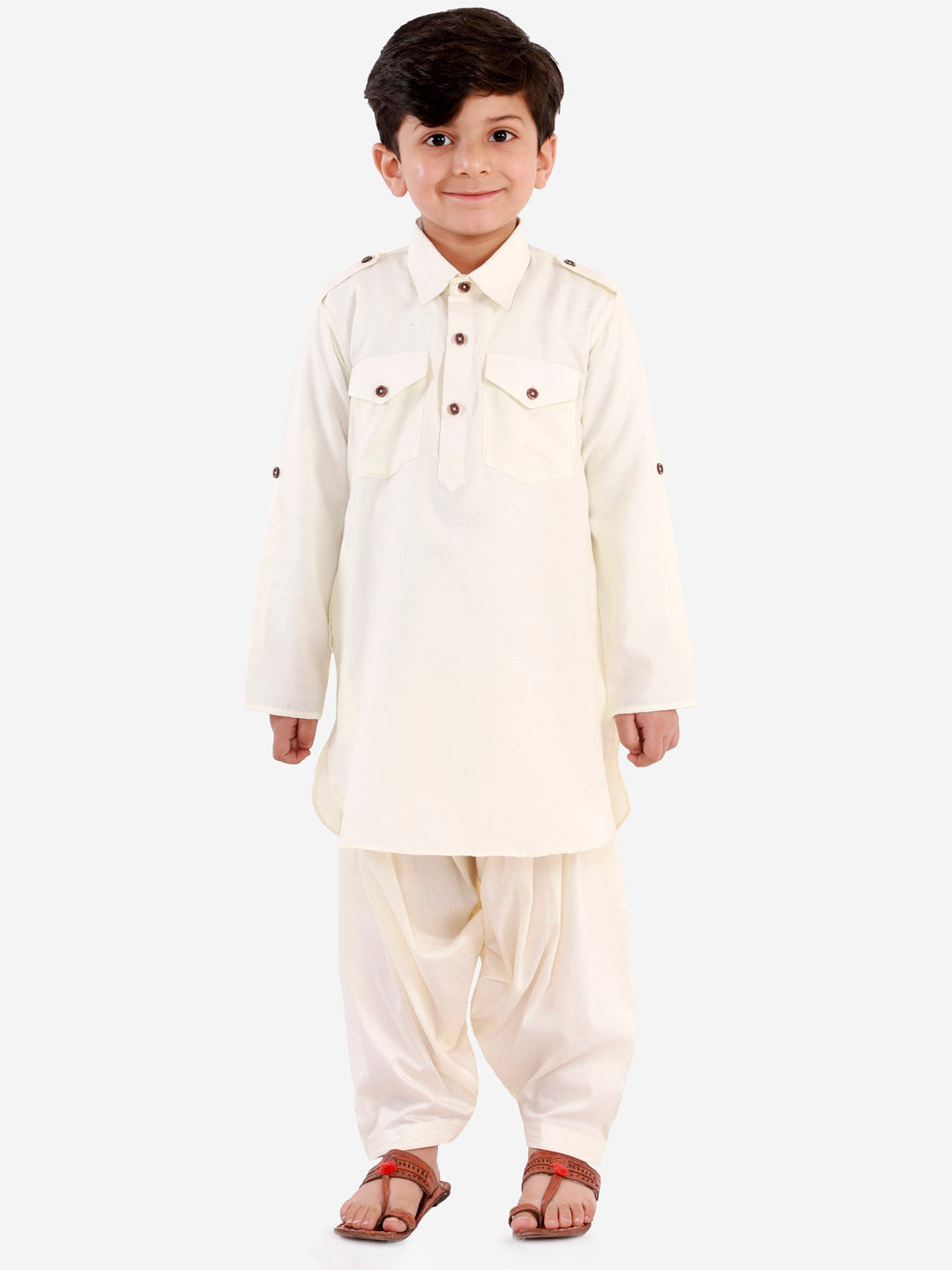 VASTRAMAY Boys Cream Cotton Blend Pathani Suit Set - qivii
