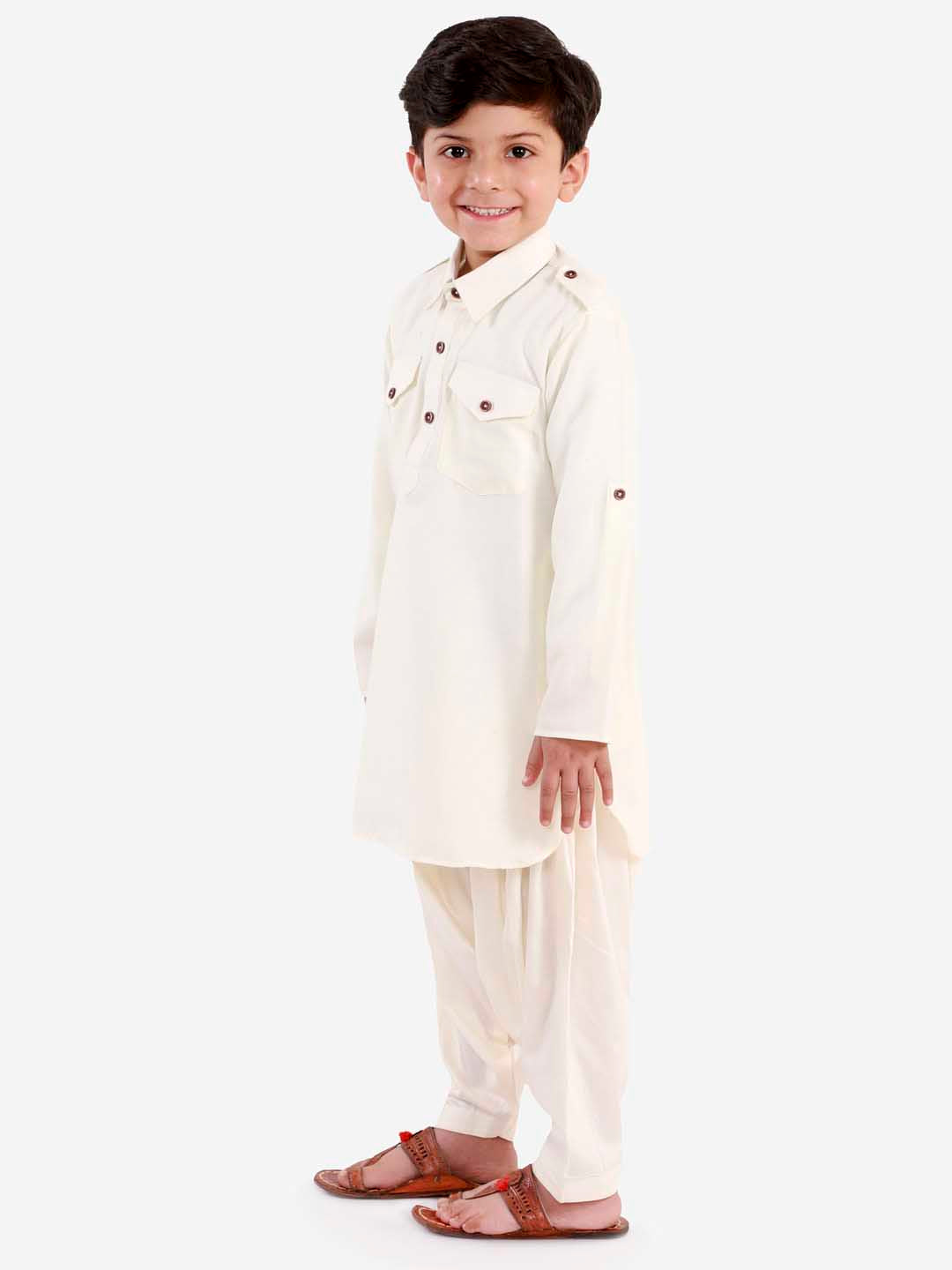 VASTRAMAY Boys Cream Cotton Blend Pathani Suit Set - qivii