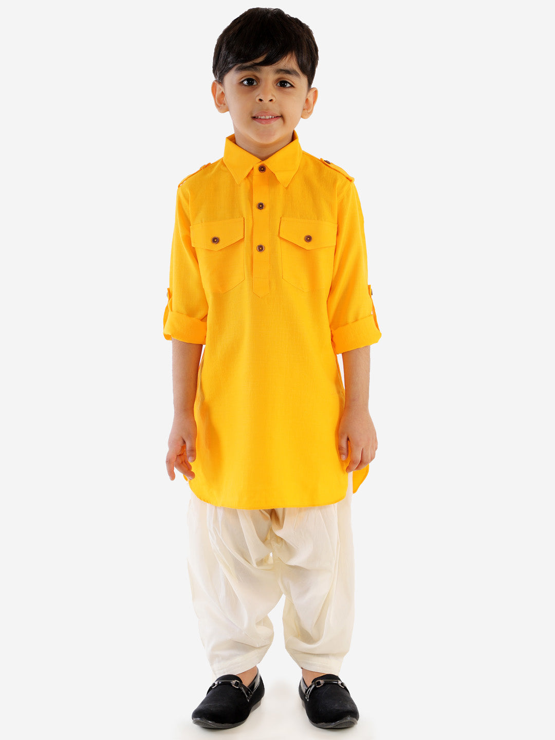 VASTRAMAY Boy's Yellow Cotton Blend Pathani Suit Set - qivii