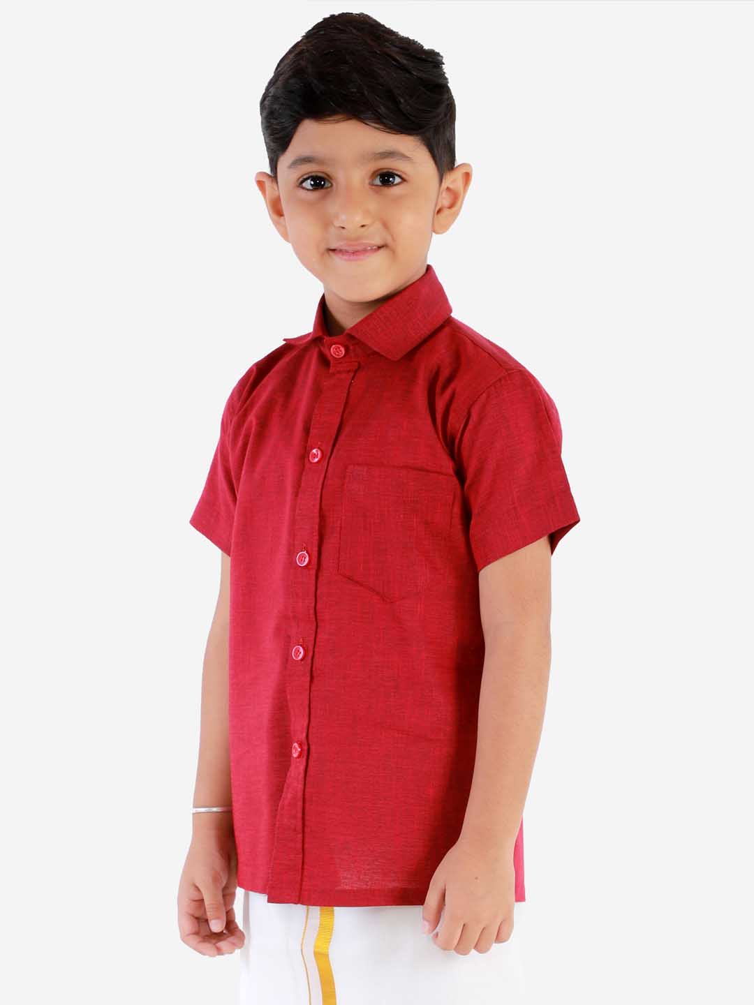 Vastramay Boys' Cherry Maroon Cotton Short Sleeves Ethnic Shirt - qivii