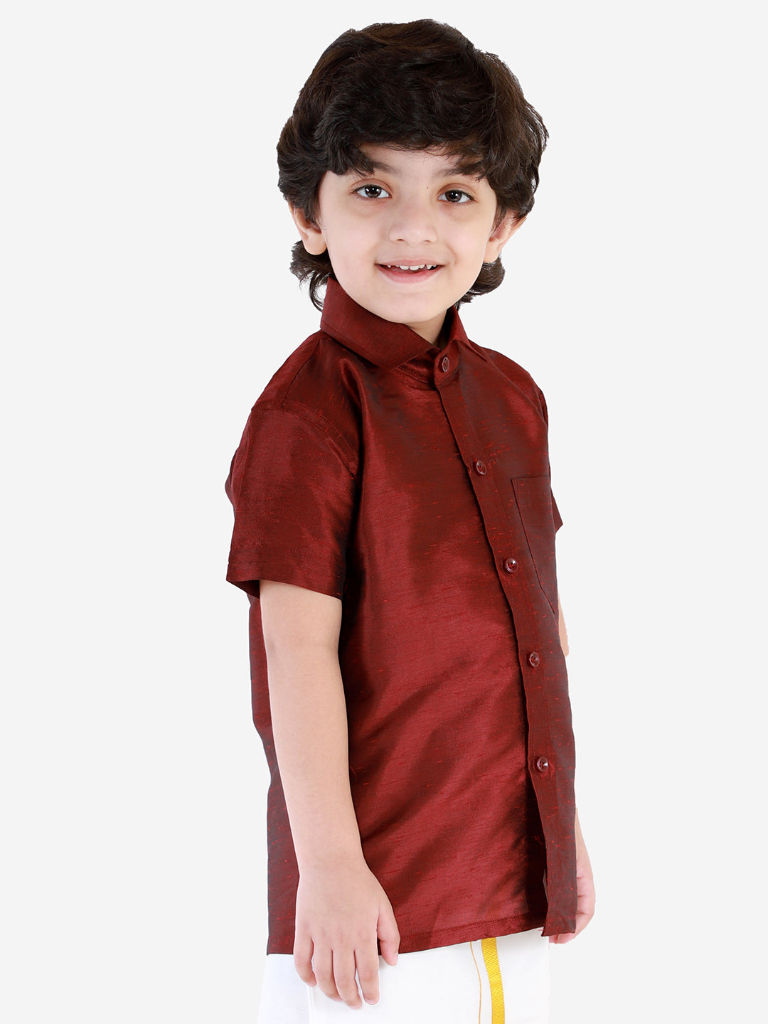 Vastramay Boys' Wine Silk Short Sleeves Ethnic Shirt - qivii