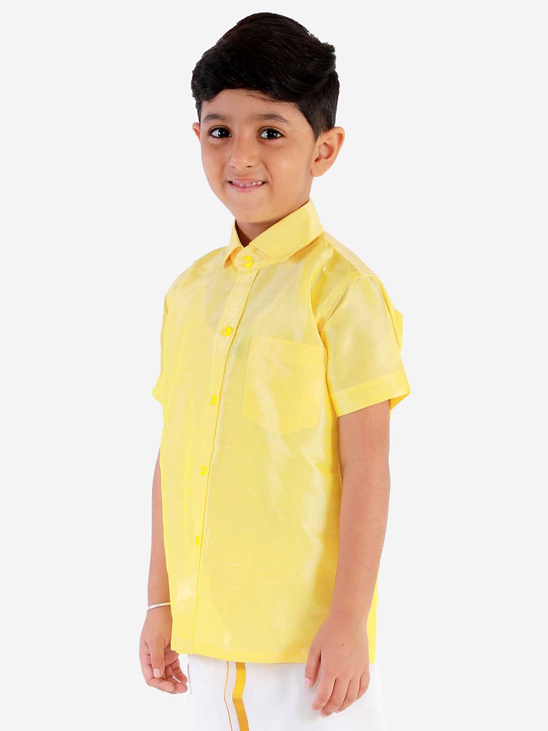 Vastramay Boys' Butter Yellow Silk Short Sleeves Ethnic Shirt - qivii