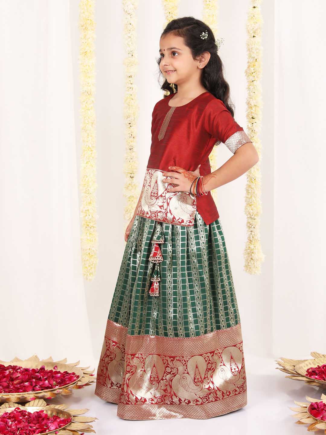 Vastramay Girl's Maroon And Green Pavda Pattu Lehenga Choli Set - qivii