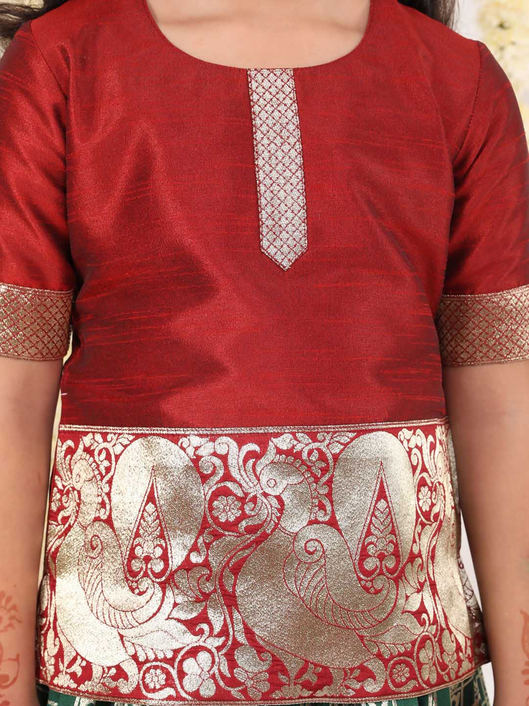 Vastramay Girl's Maroon And Green Pavda Pattu Lehenga Choli Set - qivii