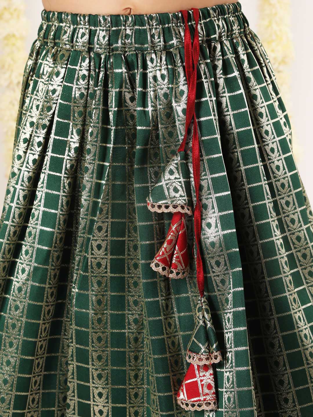 Vastramay Girl's Maroon And Green Pavda Pattu Lehenga Choli Set - qivii