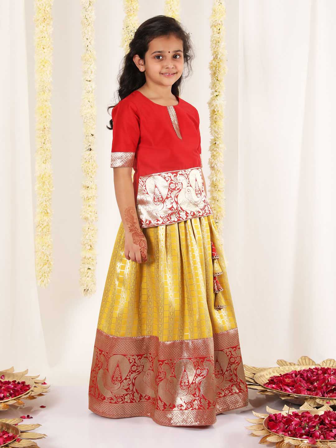Vastramay Girl's Maroon And Yellow Pavda Pattu Lehenga Choli Set - qivii