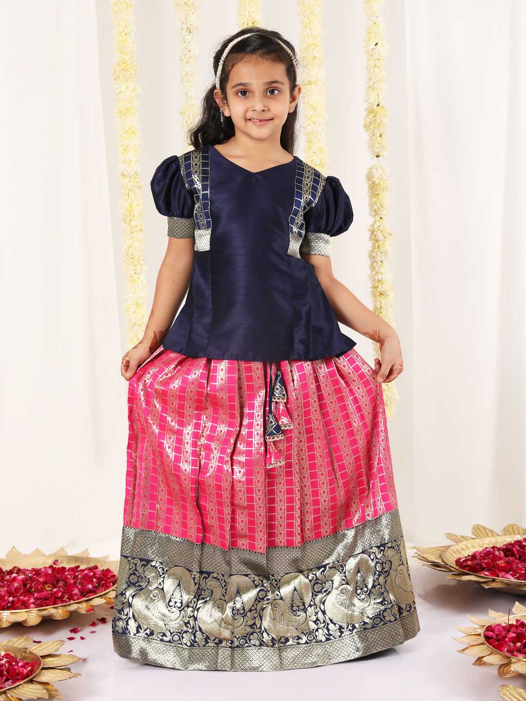 Vastramay Girl's Blue And Pink Pavda Pattu Lehenga Choli Set - qivii