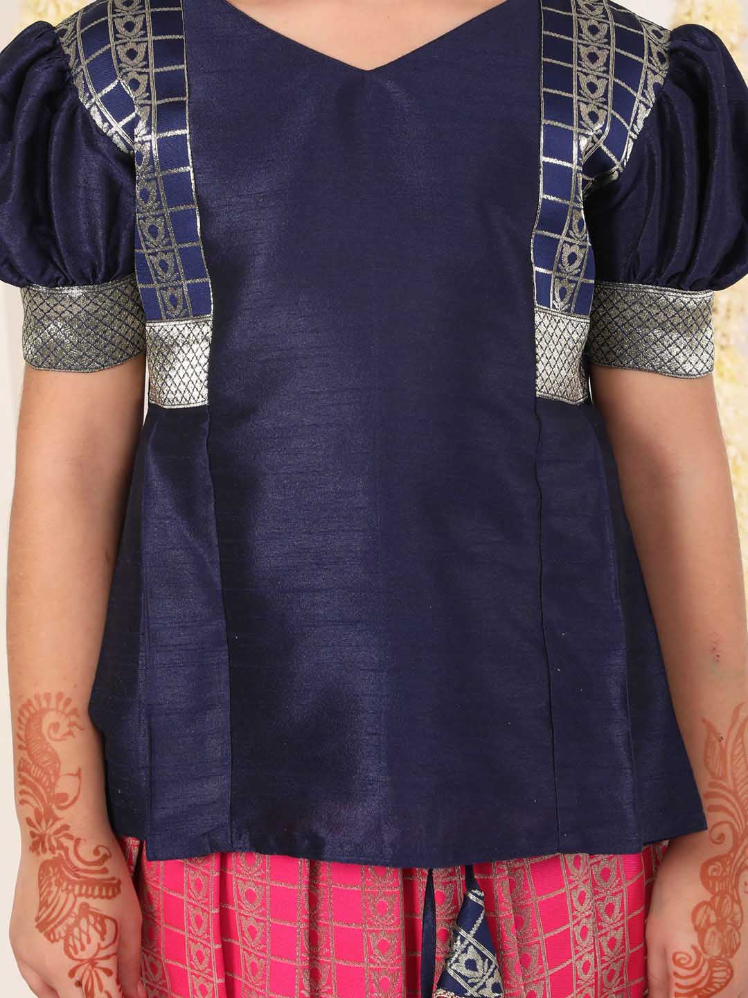 Vastramay Girl's Blue And Pink Pavda Pattu Lehenga Choli Set - qivii