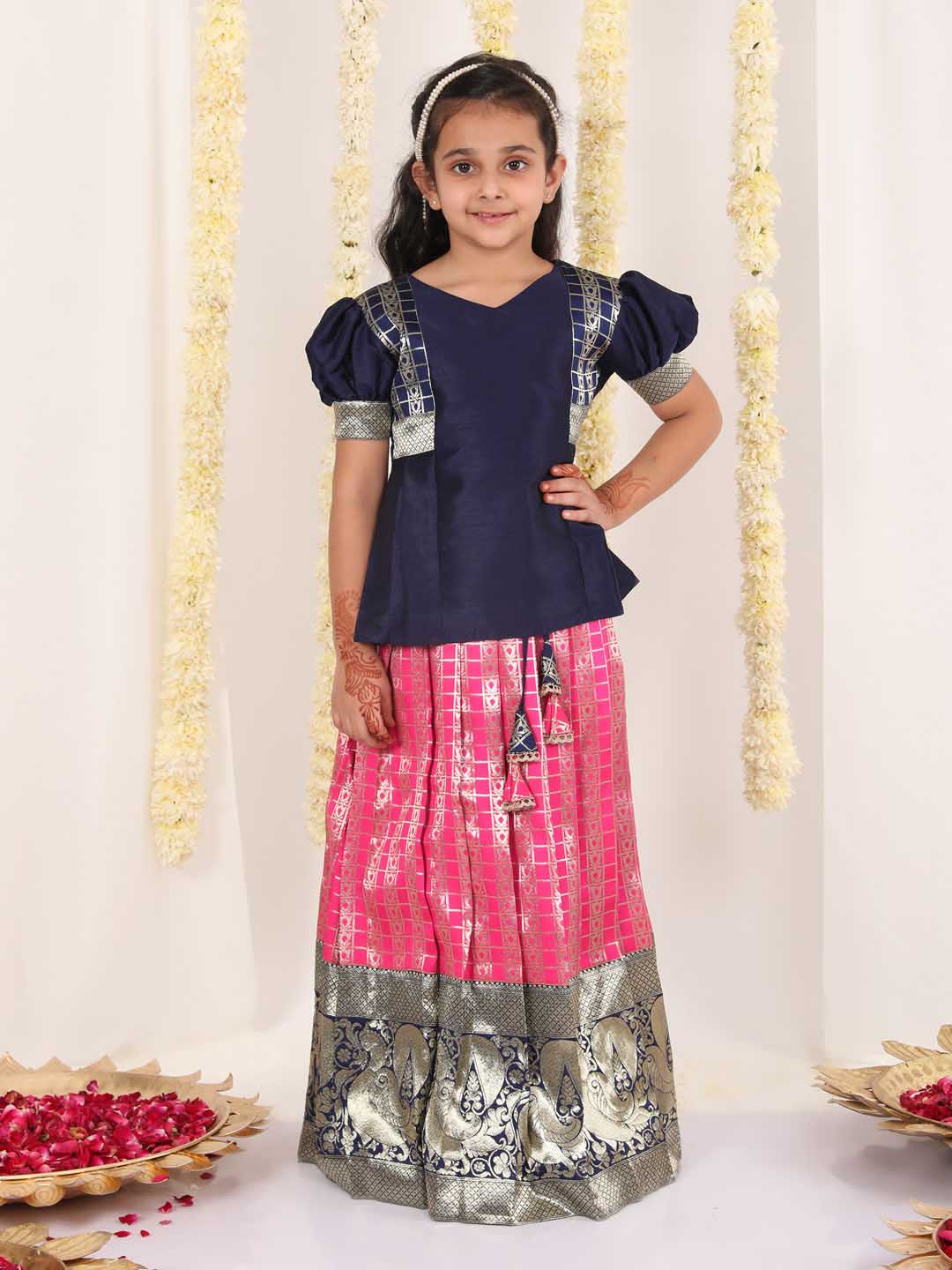 Vastramay Girl's Blue And Pink Pavda Pattu Lehenga Choli Set - qivii