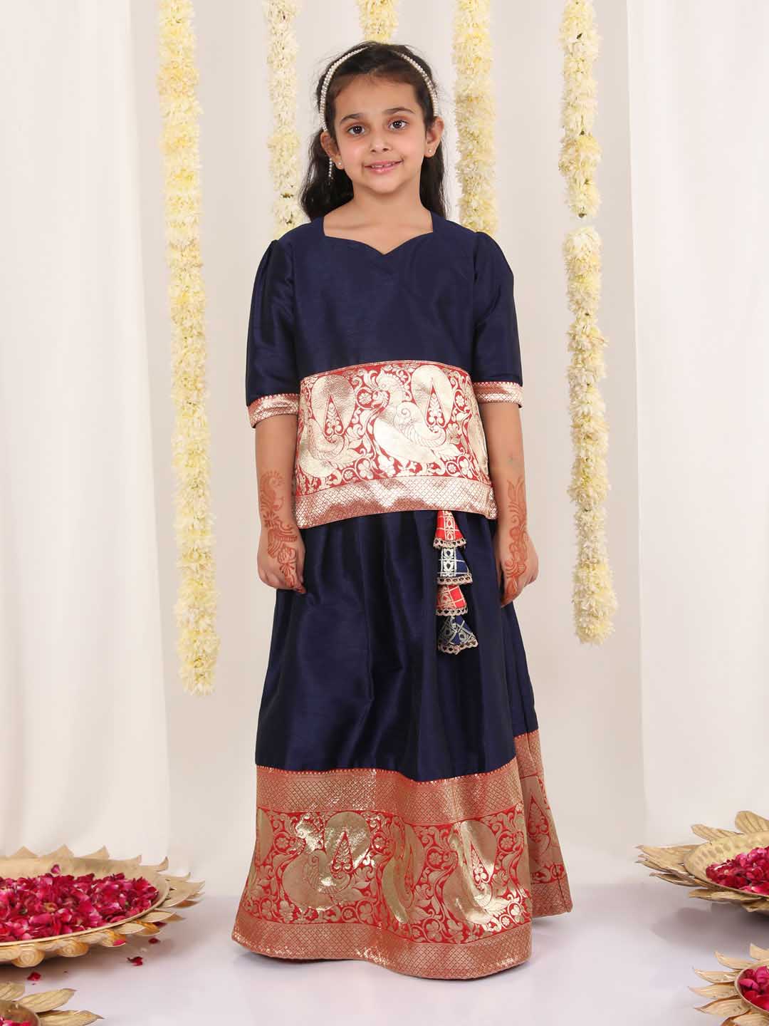 Vastramay Girl's Blue Pavda Pattu Lehenga Choli Set - qivii