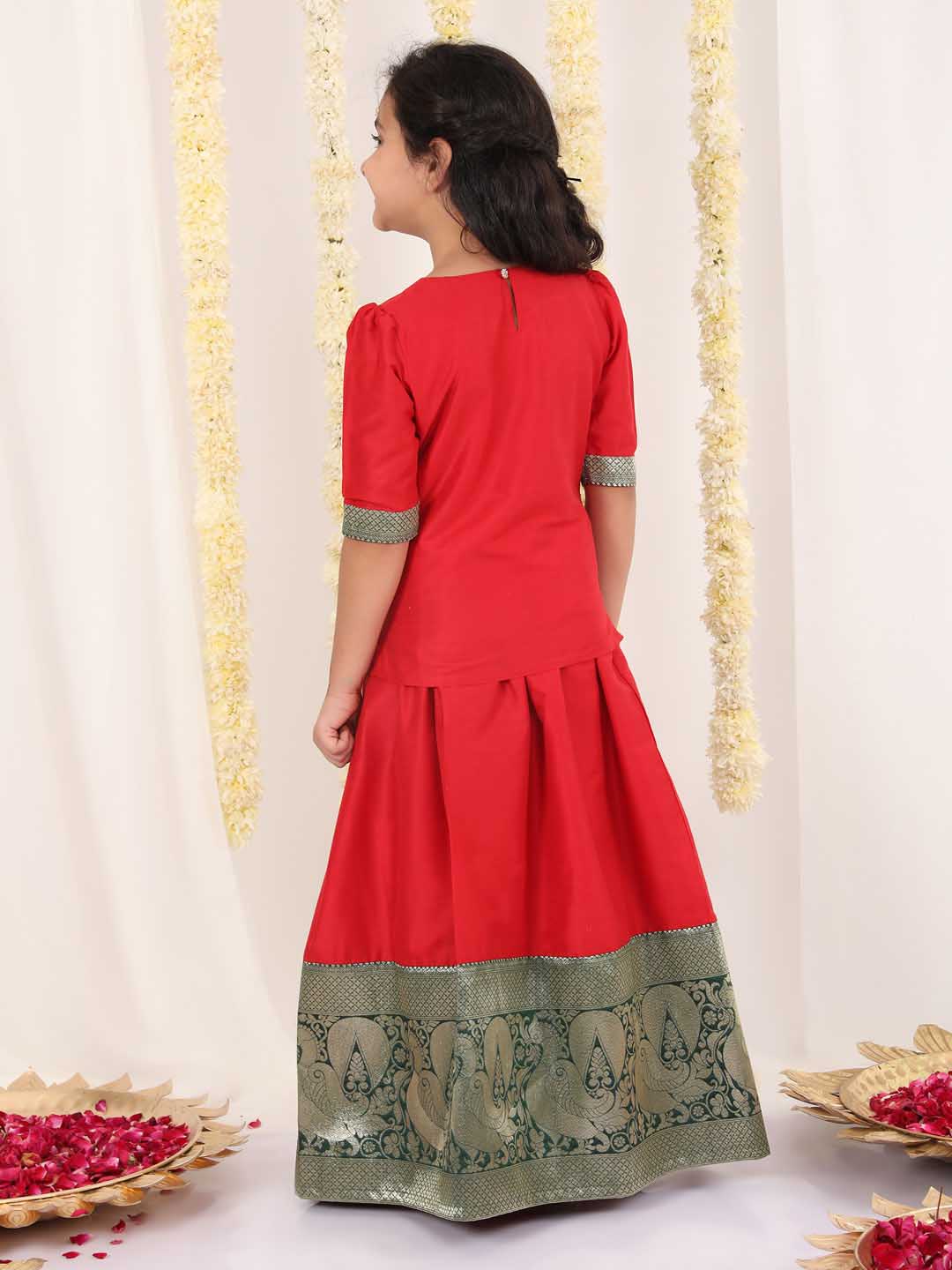 Vastramay Girl's Red Pavda Pattu Lehenga Choli Set - qivii