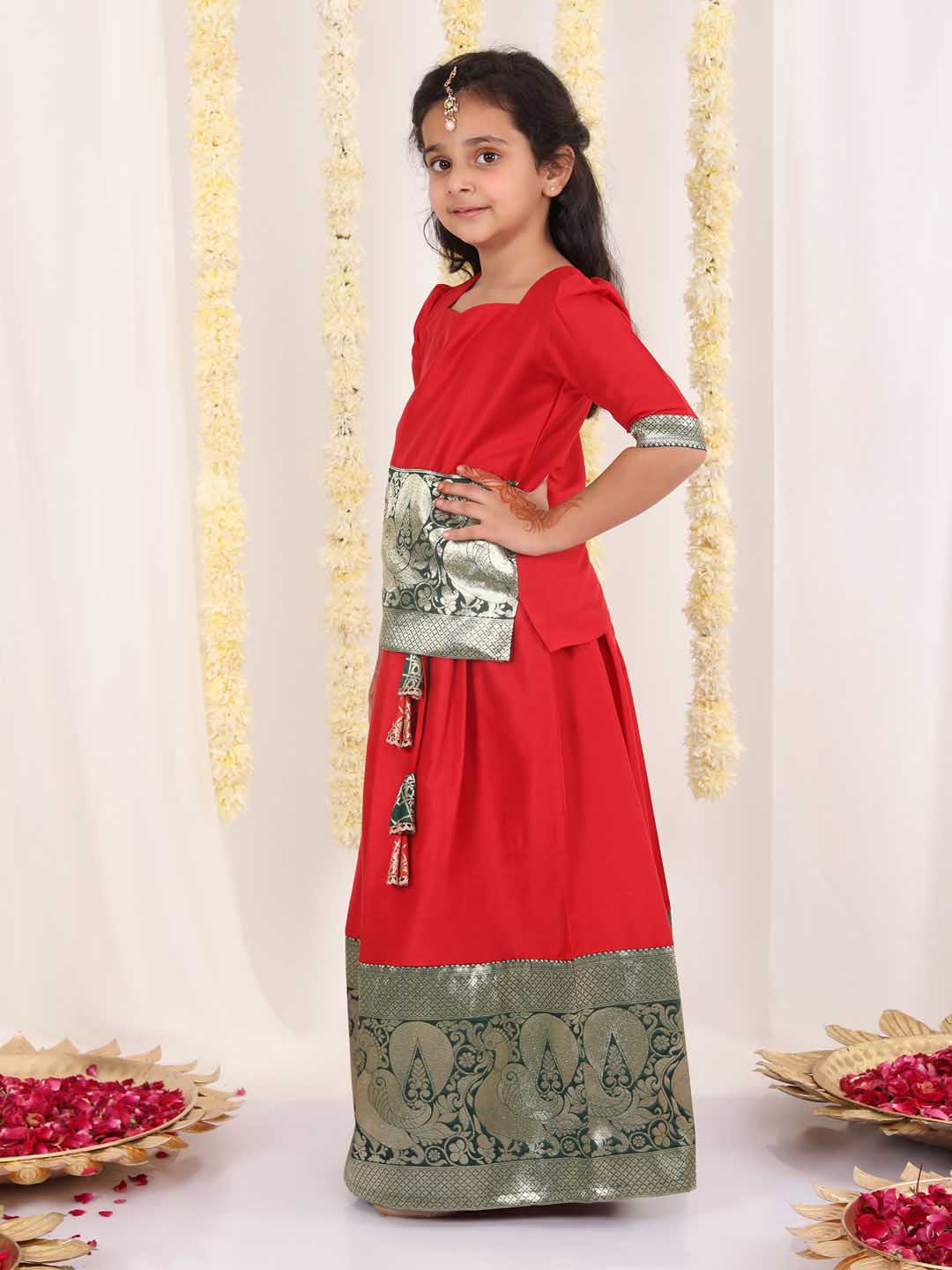 Vastramay Girl's Red Pavda Pattu Lehenga Choli Set - qivii