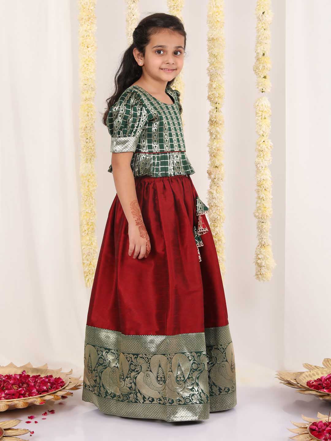Vastramay Girl's Green And Maroon Pavda Pattu Lehenga Choli Set - qivii