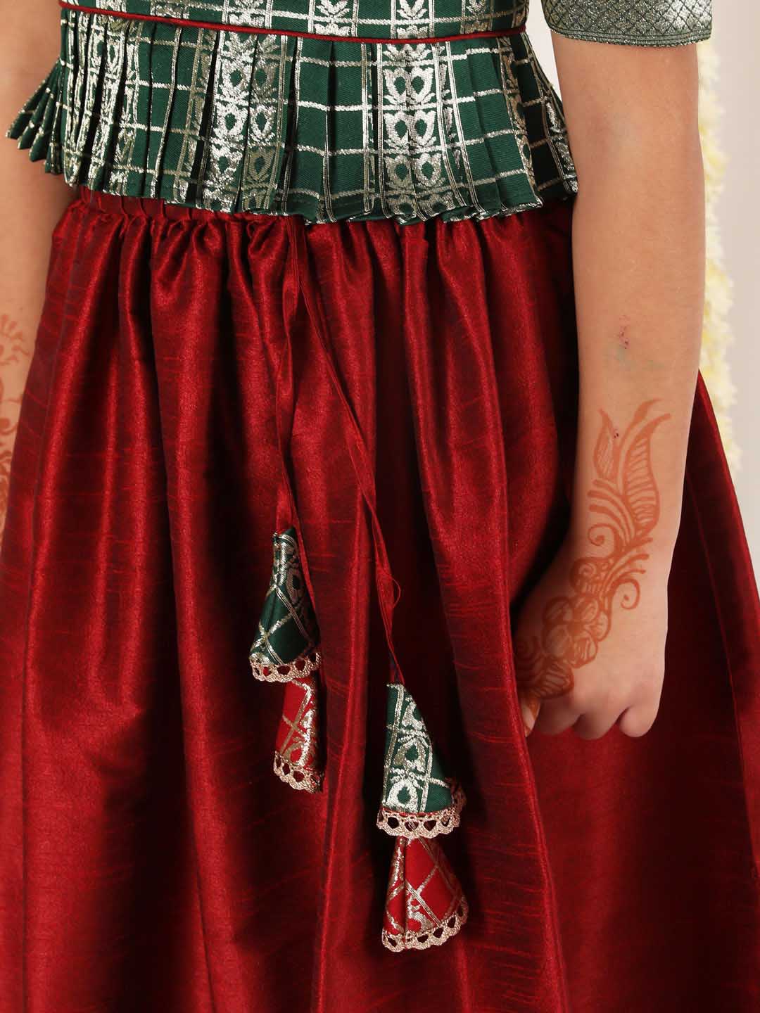 Vastramay Girl's Green And Maroon Pavda Pattu Lehenga Choli Set - qivii