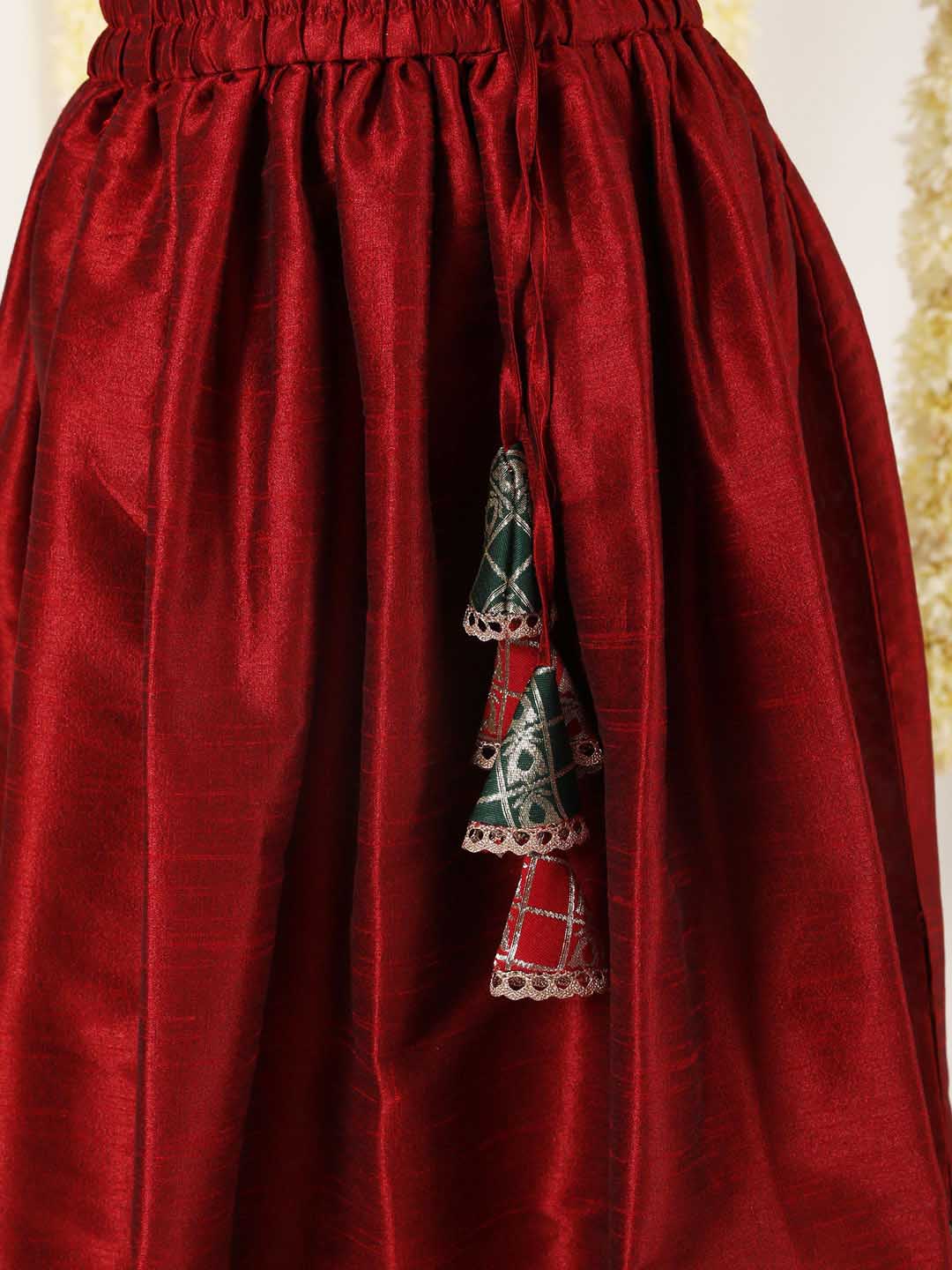 Vastramay Girl's Green And Maroon Pavda Pattu Lehenga Choli Set - qivii